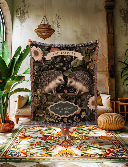 Rustic Floral Hedgehog Couple Blanket | Botanical Woodland Aesthetic Custom Anniversary Year Tapestry Woven Personalized Name Hedge Hog Gift
