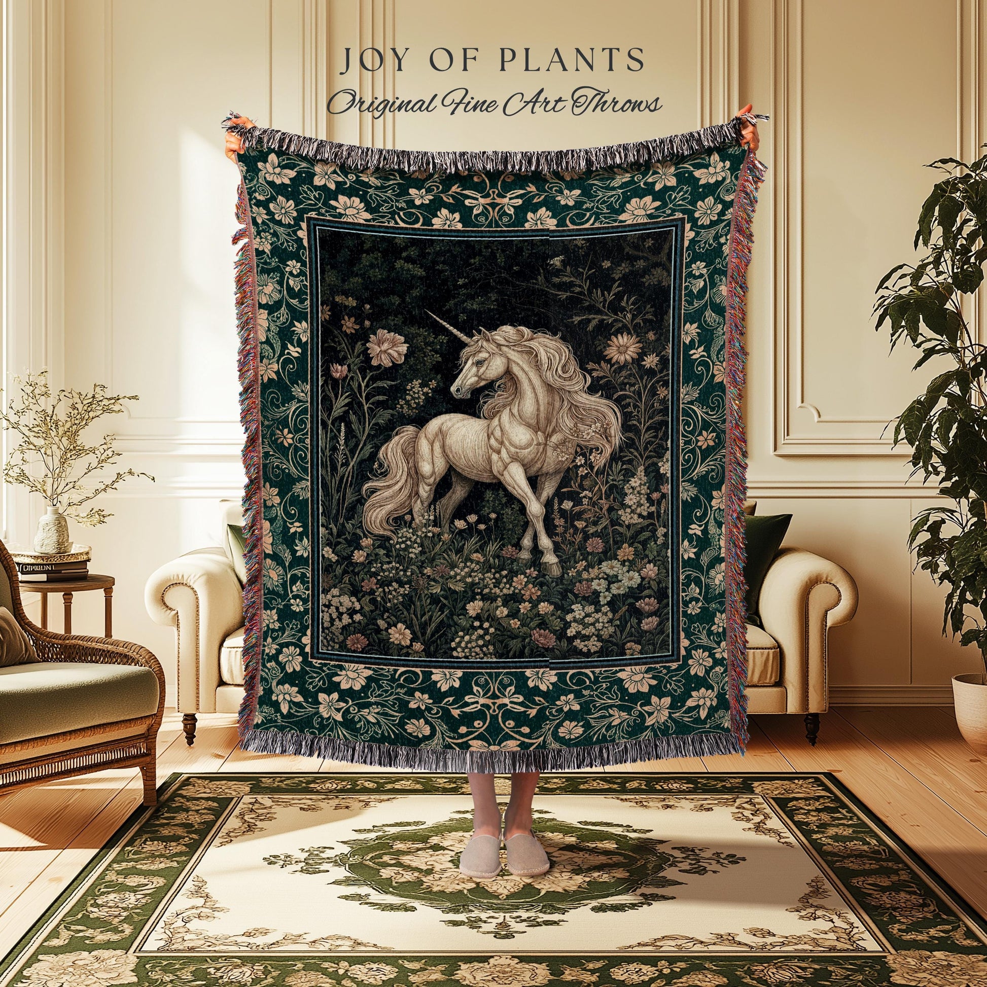 Magic Medieval Unicorn Woven Tapestry | Woodland Nature Vintage Aesthetic Throw Blanket Whimsical Decor Magic Cottagecore Magical Creatures