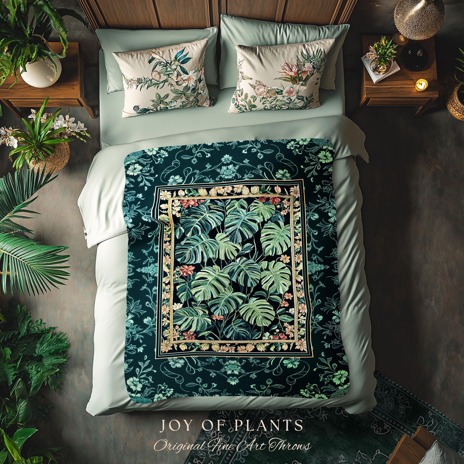 Dark Woodland Maximalist Monstera Tapestry | Tropigoth Botanical Bedroom Houseplant Lover Bedding Forestcore Costal Aesthetic Woven Blanket