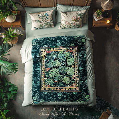 Dark Woodland Maximalist Monstera Tapestry | Tropigoth Botanical Bedroom Houseplant Lover Bedding Forestcore Costal Aesthetic Woven Blanket