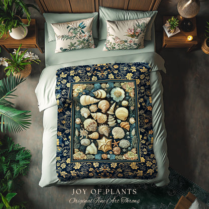 Boho Seashells Rustic Woven Throw Blanket | Coastal Inspired Beach House Bedding Summer Decorating Shell Wall Art Tapestry Nautical Artwork