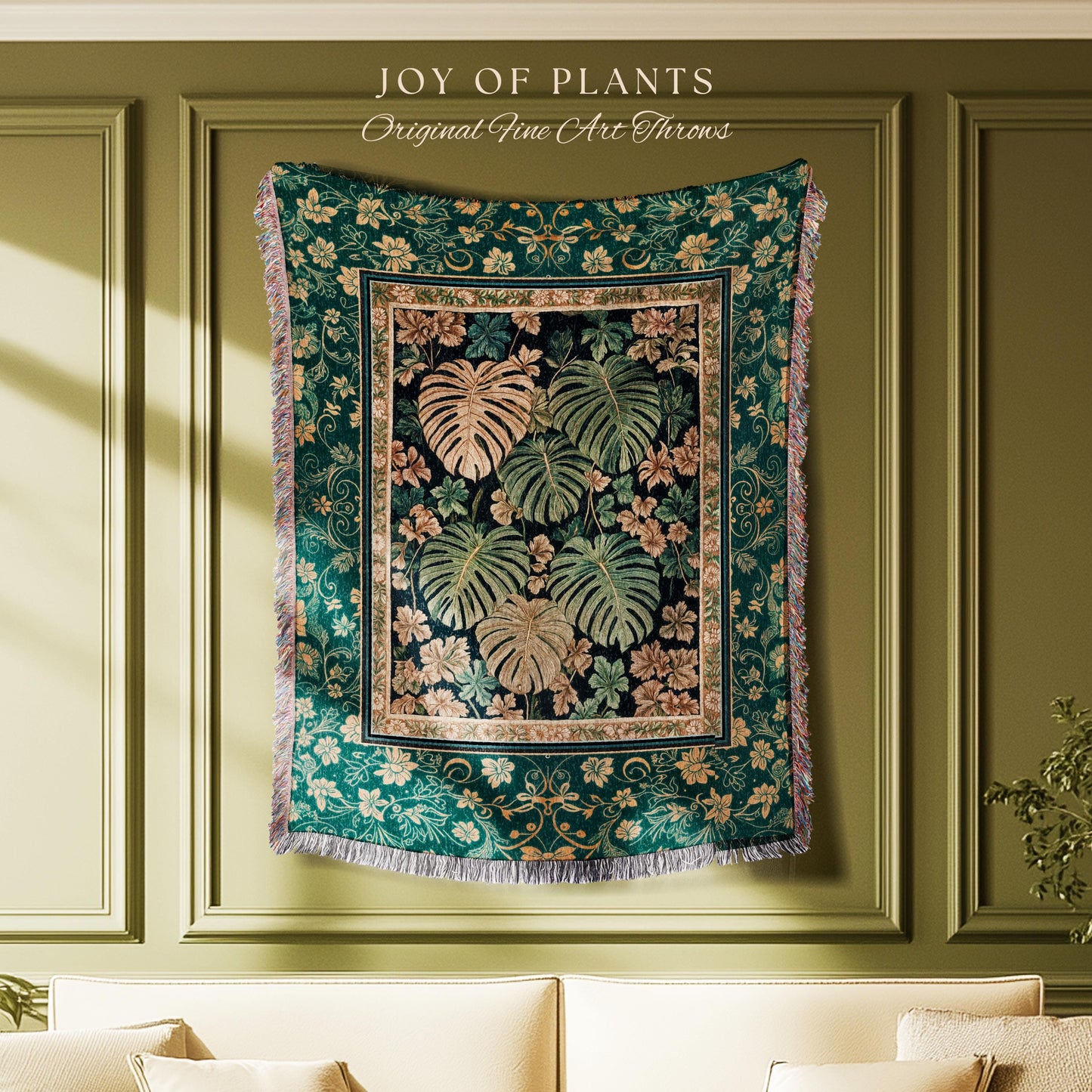 Enchanted Grove Woven Fringe Tapestry | Forestcore Home Decor Cottagecore Maximalist Blanket Whimsical Monstera Vibes Trendy Bedroom Artwork