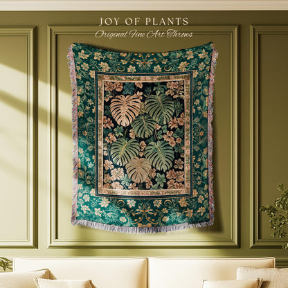 Enchanted Grove Woven Fringe Tapestry | Forestcore Home Decor Cottagecore Maximalist Blanket Whimsical Monstera Vibes Trendy Bedroom Artwork