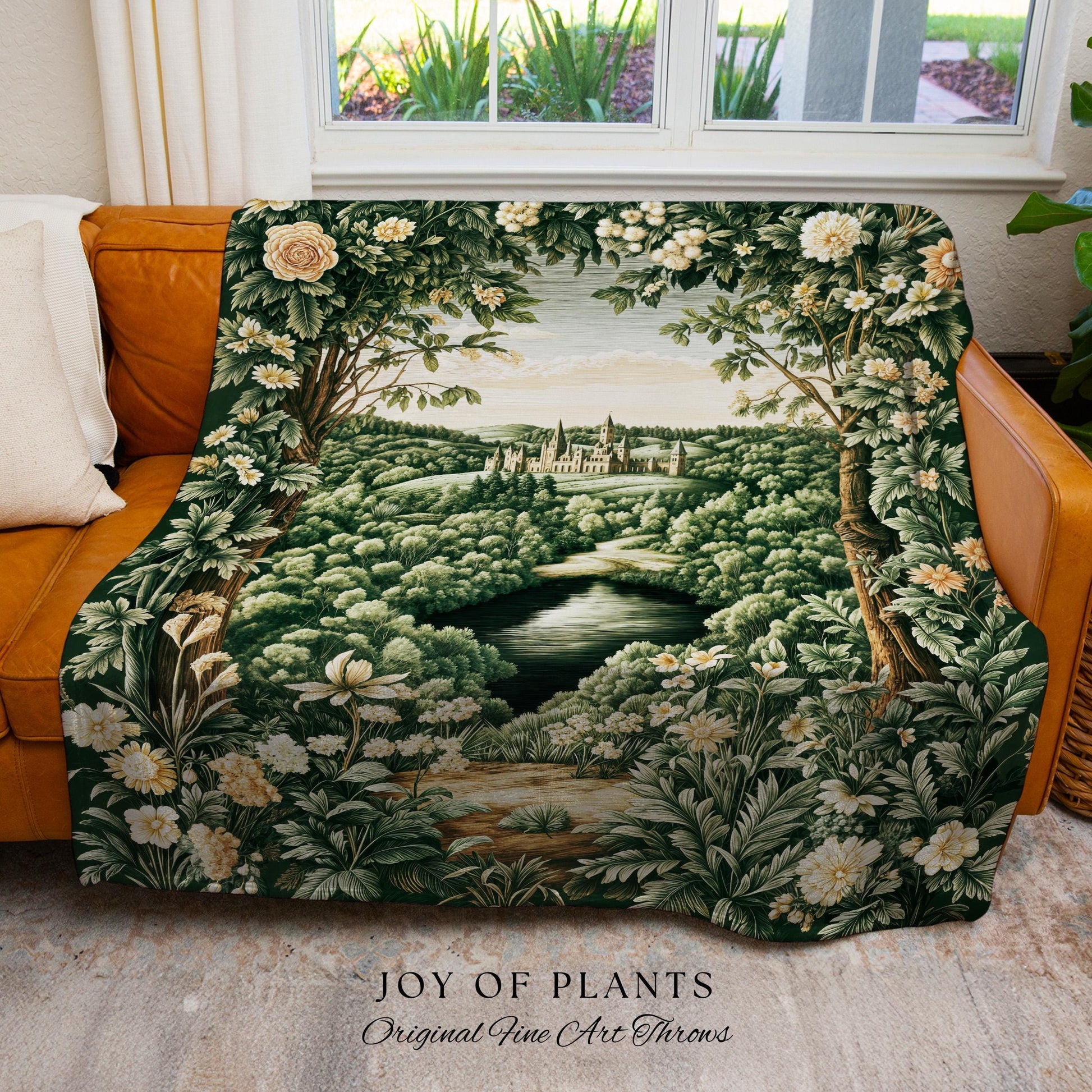 Castle Landscape Botanical Throw Blanket | Fairytale Aesthetic Mystic Garden Tapestry Throw Fairycore Woodland Nature Princesscore Blanket