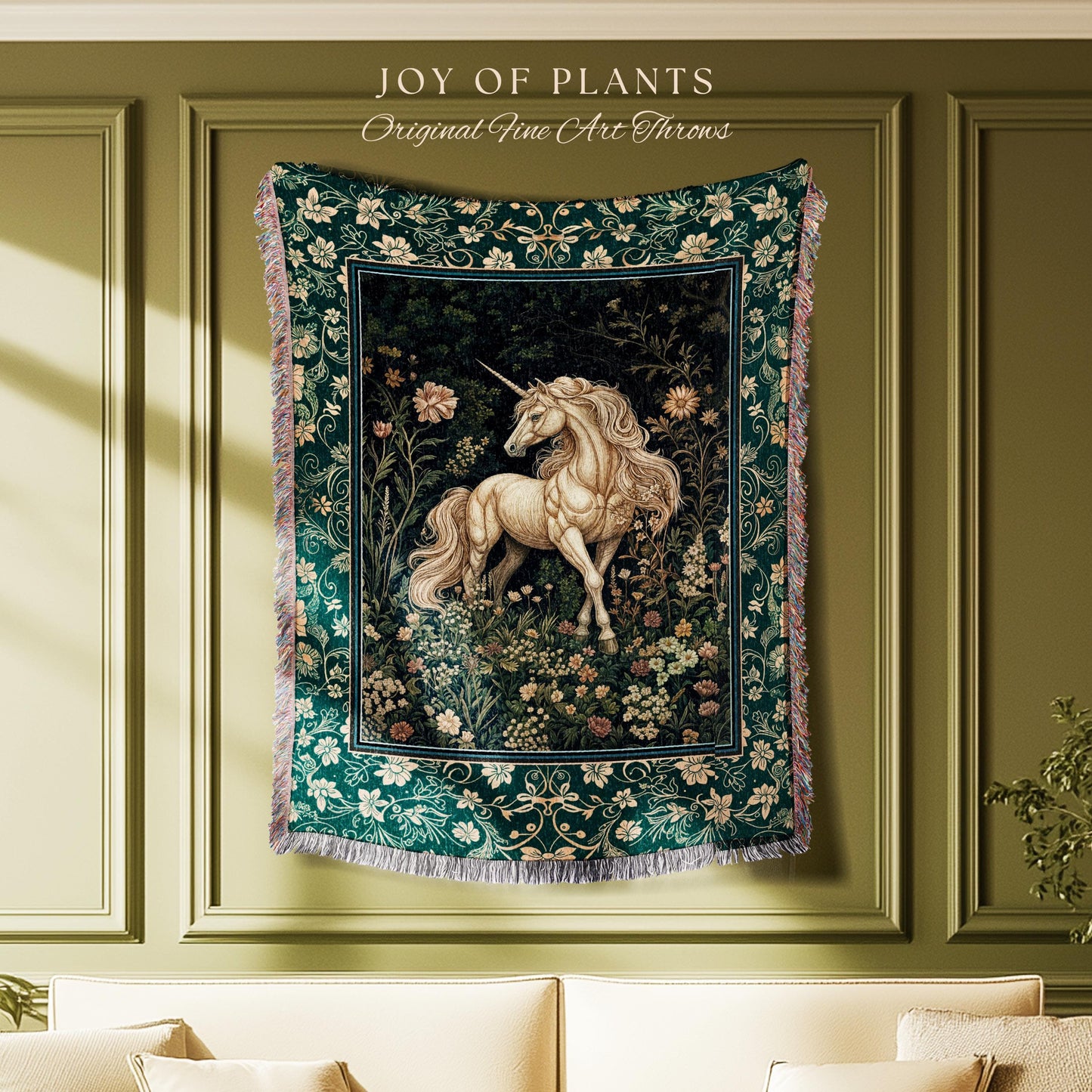 Magic Medieval Unicorn Woven Tapestry | Woodland Nature Vintage Aesthetic Throw Blanket Whimsical Decor Magic Cottagecore Magical Creatures