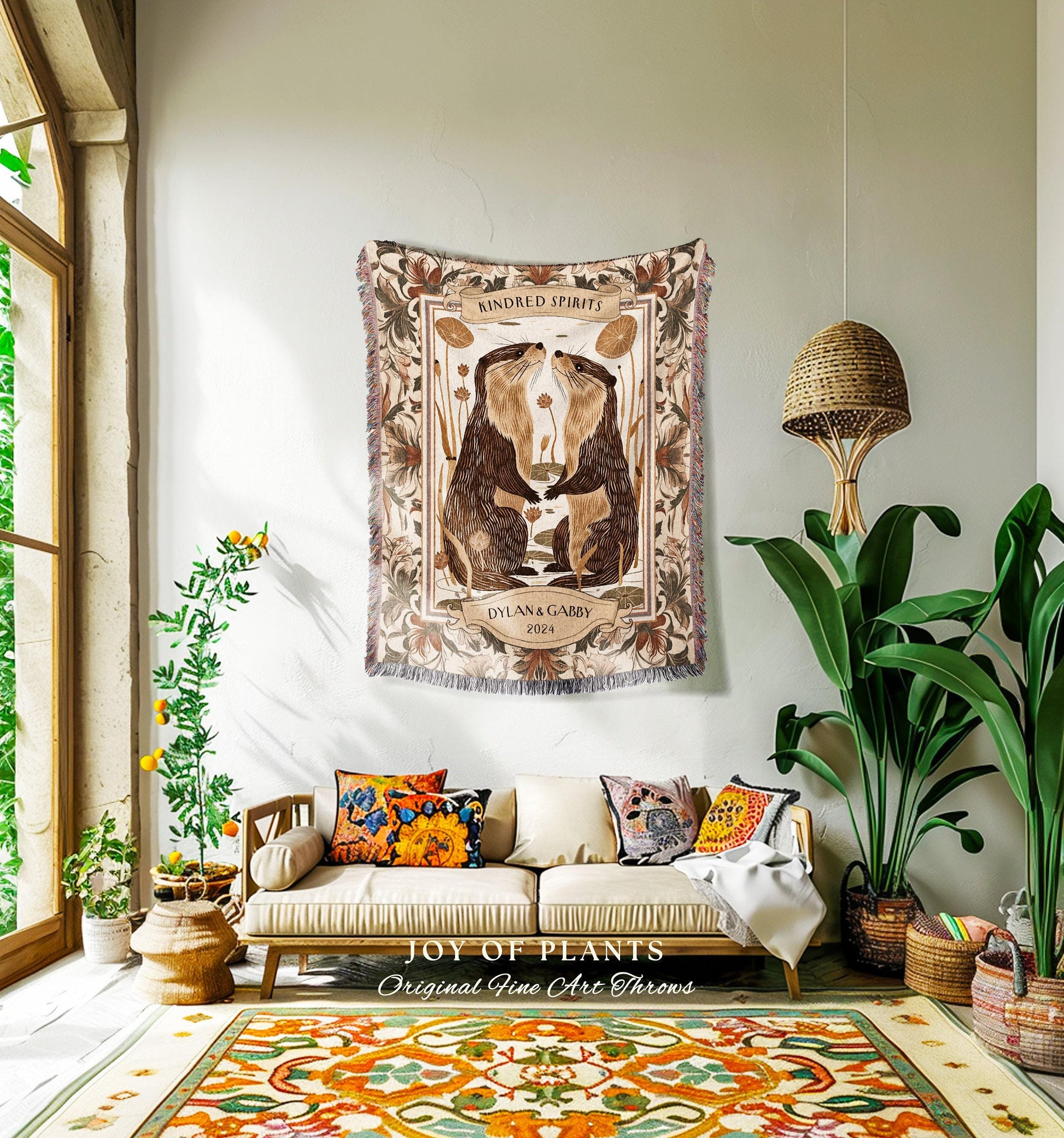 Personalized Otter Couple Throw Blanket | Whimsical Dating Anniversary Custom Established Date Blanket Significant Otters Gift Cute Tapestry