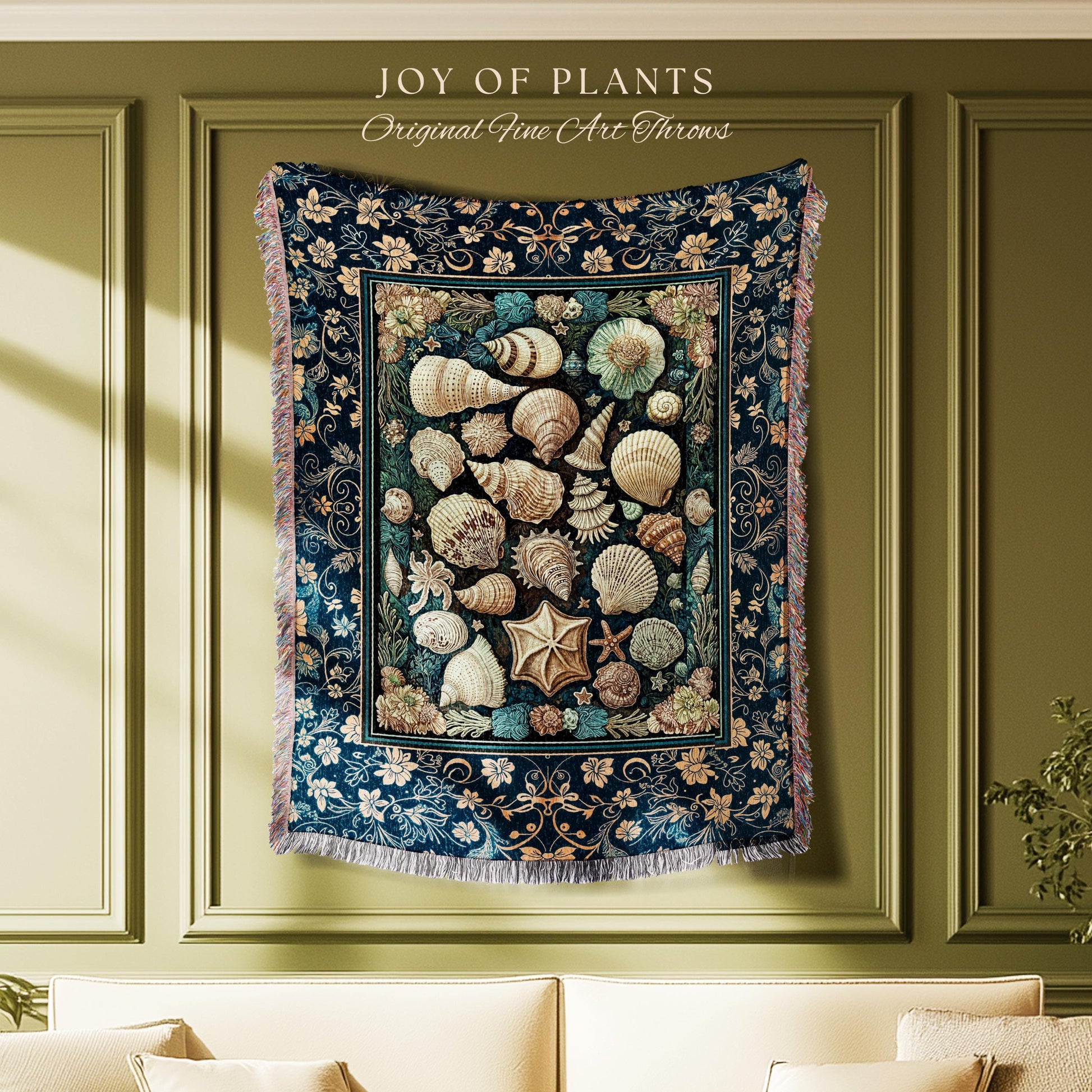 Boho Seashells Rustic Woven Throw Blanket | Coastal Inspired Beach House Bedding Summer Decorating Shell Wall Art Tapestry Nautical Artwork