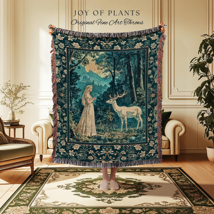 Mountain Goddess Ethereal Woven Tapestry | Woodland Folklore Nature Inspired Elegant Nature Throw Blanket Fantasy Cottagecore Medieval Style