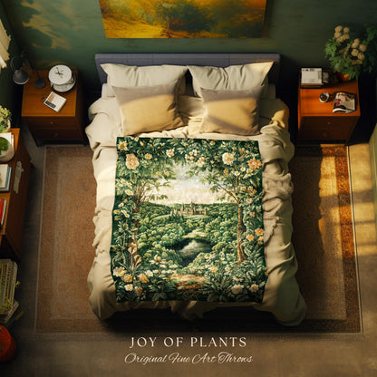 Castle Landscape Botanical Throw Blanket | Fairytale Aesthetic Mystic Garden Tapestry Throw Fairycore Woodland Nature Princesscore Blanket