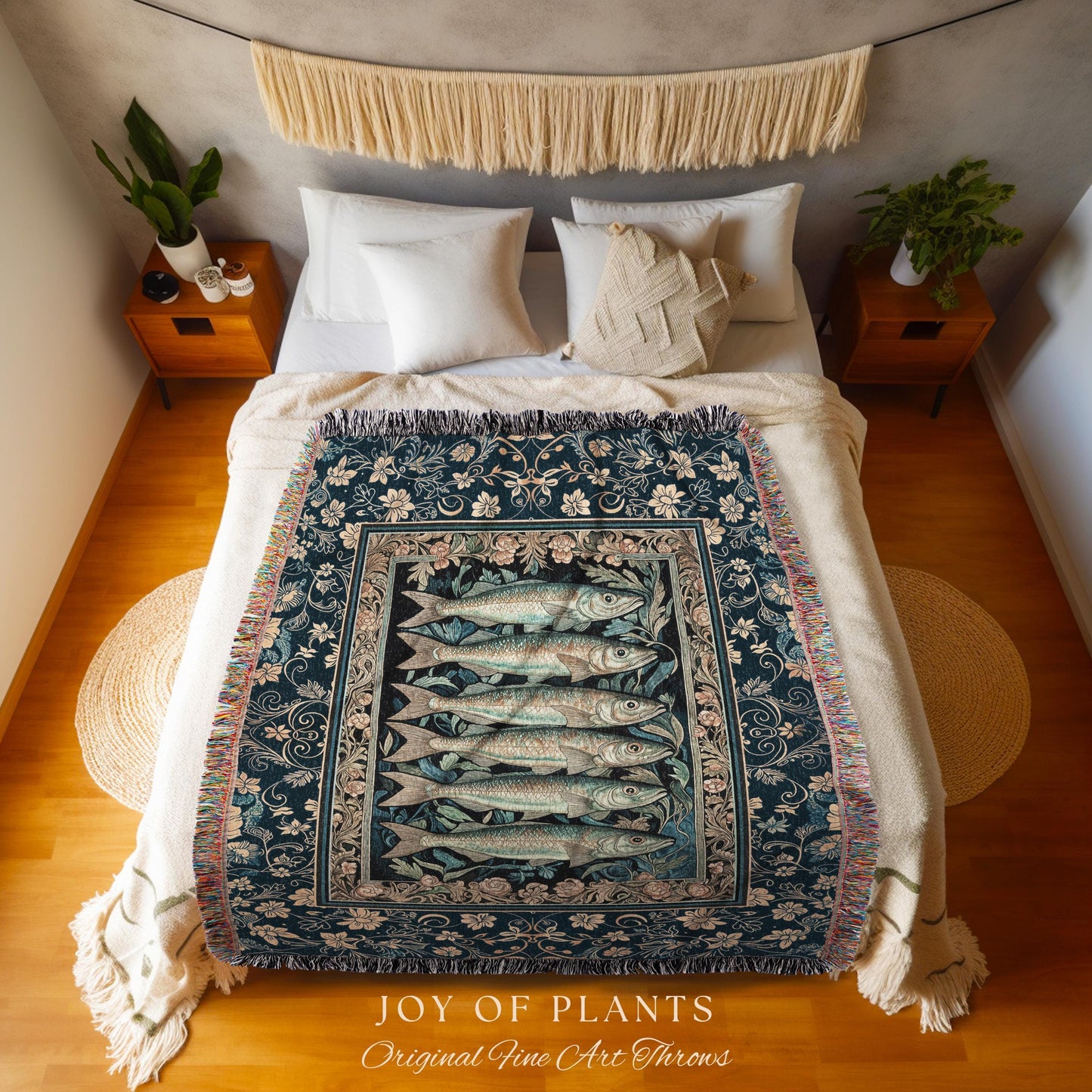 Rustic Nautical Sardine Blanket | Costal Aesthetic Woven Tapestry for Beach House Sea Lover Home Accent Ocean Inspired Marine Decor Throw