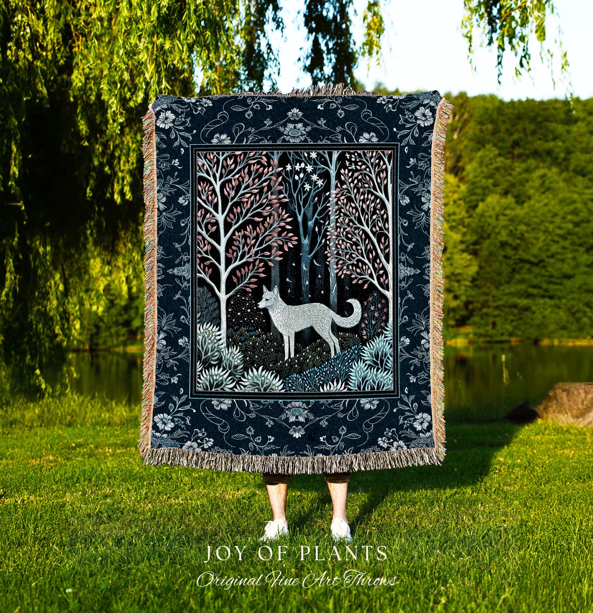 Earthy Colors Woodland Wolf Blanket | Bohemian Aesthetic Playful Pastel Nursery Tapestry Whimsical Forest Scandinavian Folklore Fairytale |