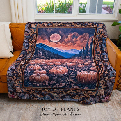 Pastel Dusk Moon Woven Tapestry | Autumn Aesthetic Gothiccore Throw Blanket Whimsigoth Pumpkin Patch Decor Fall Accent Rustic Halloween |