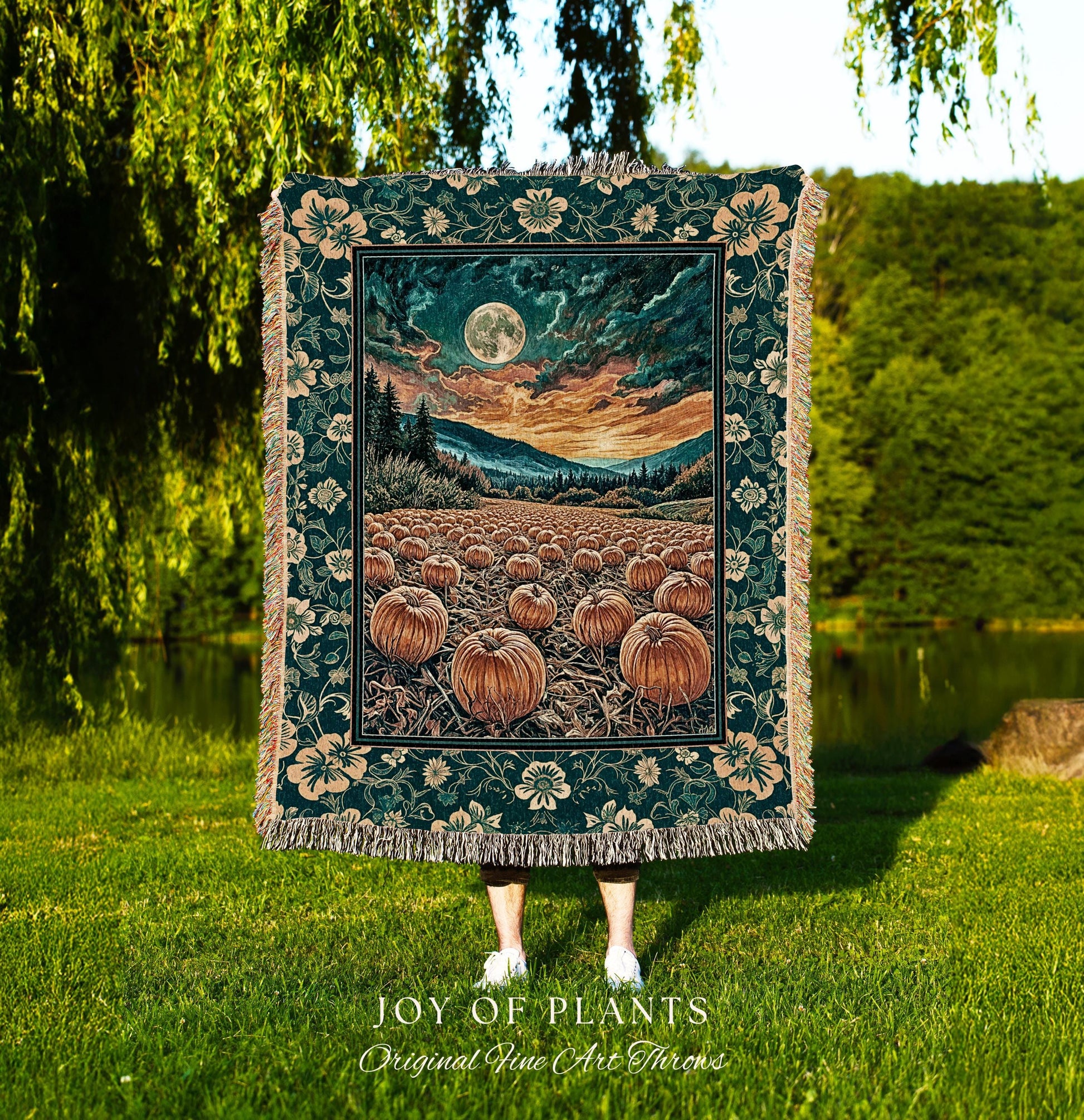 Colorful Ethereal Pumpkin Cozy Fall Blanket | Spooky Season Gothiccore Whimsigoth Decor Autumn Aesthetic Rustic Academia Tapestry Full Moon