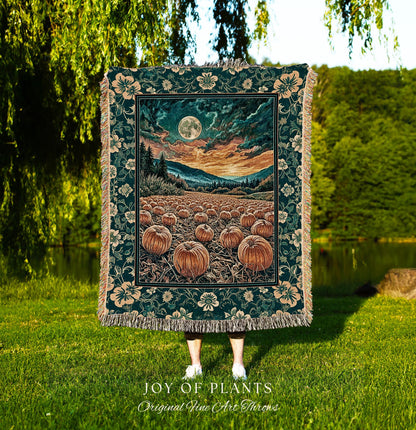 Colorful Ethereal Pumpkin Cozy Fall Blanket | Spooky Season Gothiccore Whimsigoth Decor Autumn Aesthetic Rustic Academia Tapestry Full Moon