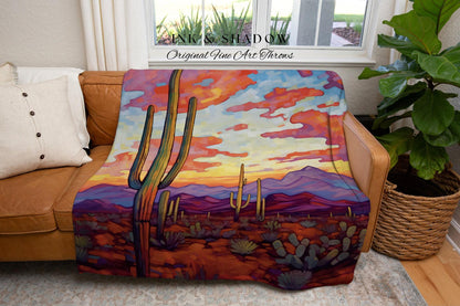 Moody Desert Landscape Blanket | Whimsical Home Decor Housewarming Gift Blanket Cactus Aesthetic Blanket Woven Tapestry Southwest Landscape