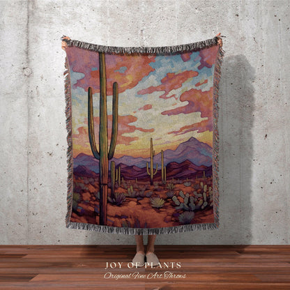 Moody Desert Landscape Blanket | Whimsical Home Decor Housewarming Gift Blanket Cactus Aesthetic Blanket Woven Tapestry Southwest Landscape
