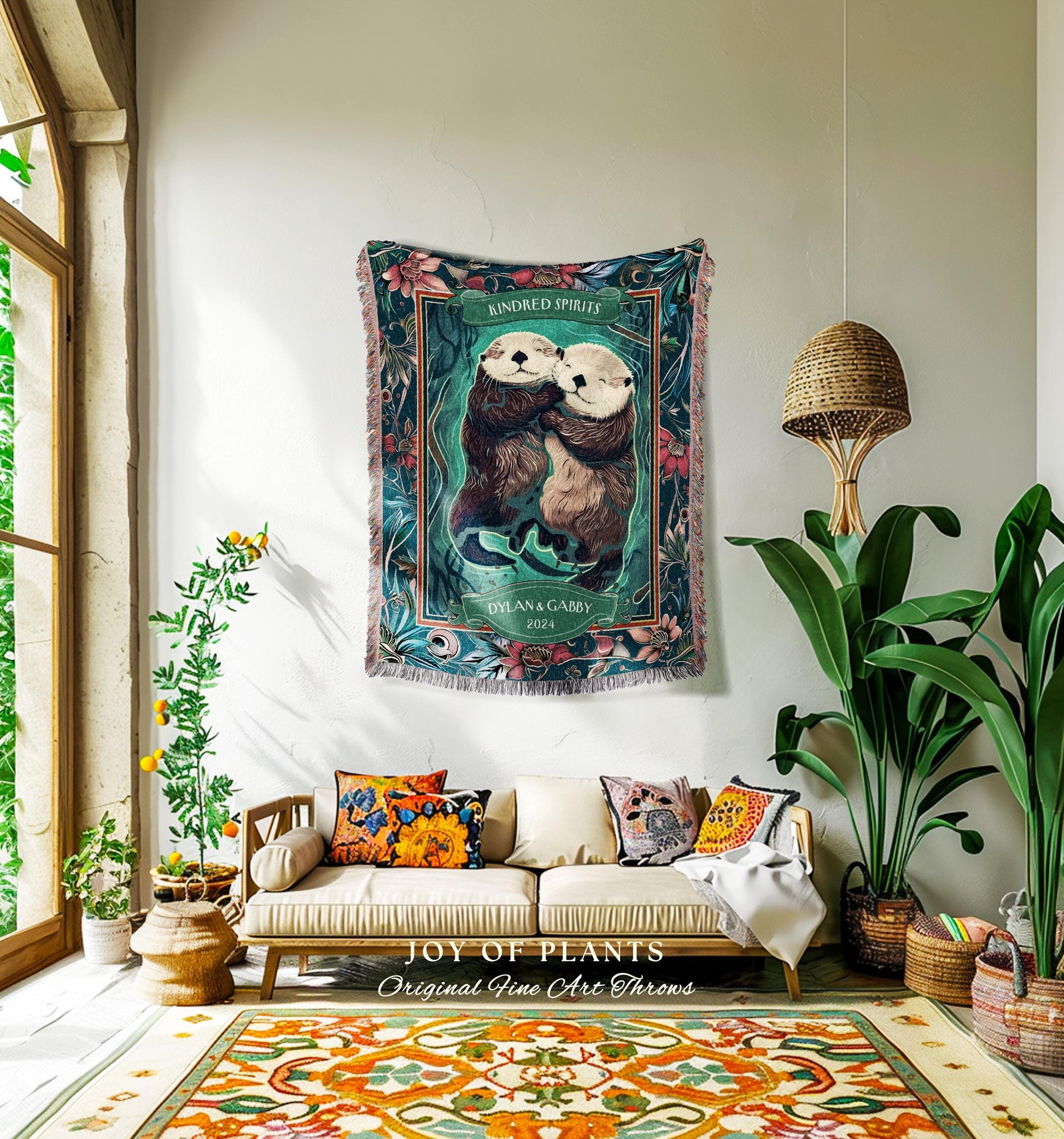 Otterly in Love Cute Couple Custom Gift | Boho Whimsical Wedding Anniversary Throw Blanket Personalized Saying Interlocking Otters Tapestry