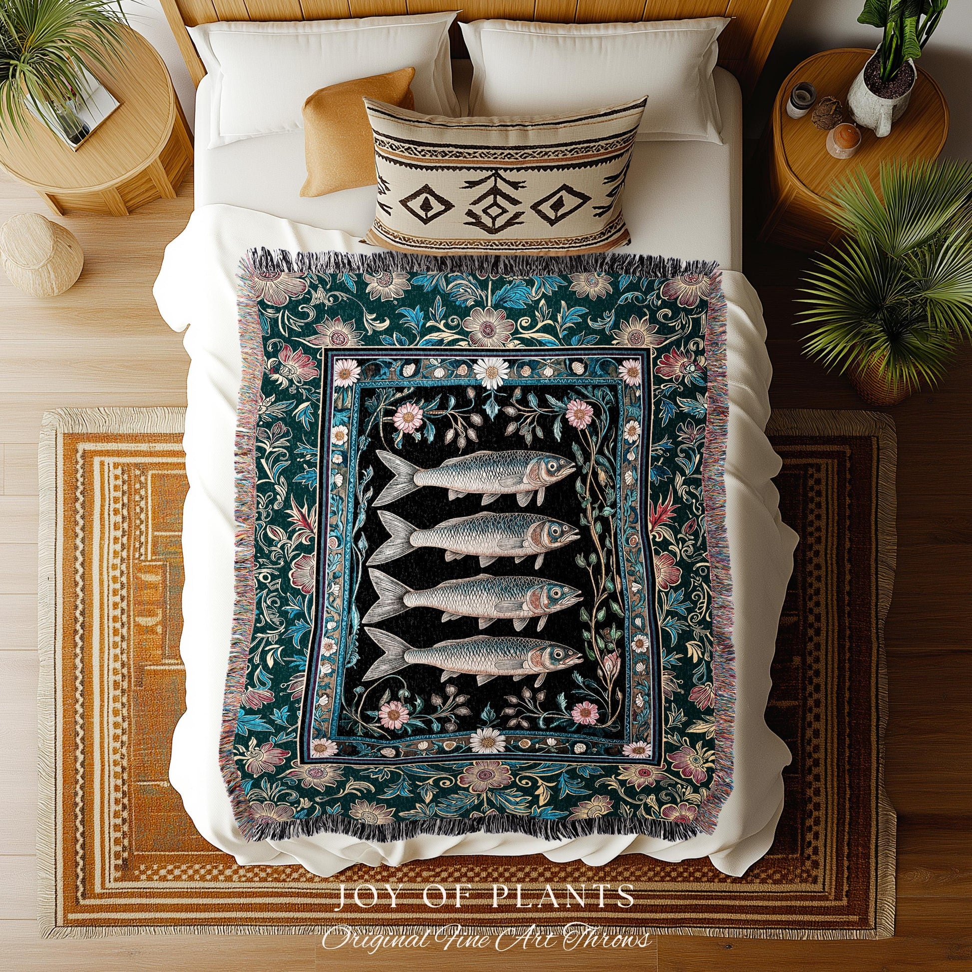 Eclectic Botanical Sardine Blanket Cozy | Nautical Lake House Throw Indie Coastal Aesthetic Woven Wall Tapestry Oceancore Vintage Sea Life