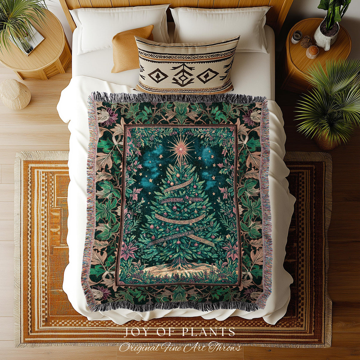 Twinkling Stars Holiday Tree Blanket | Christmas Tapestry Throw Woven Jacquard Gold Ornament Evergreen Decor Traditional Winter Home Look |