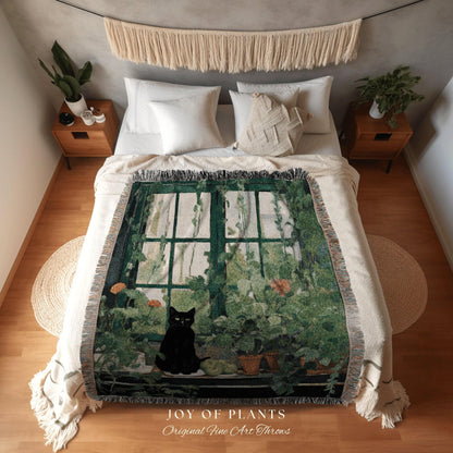 Botanical Cat Tapestry Halloween Tapestry Van Gogh Inspired Art Blanket Woven | Whimsical Room Decor Black Cat Decor Cottagecore Vintage Art