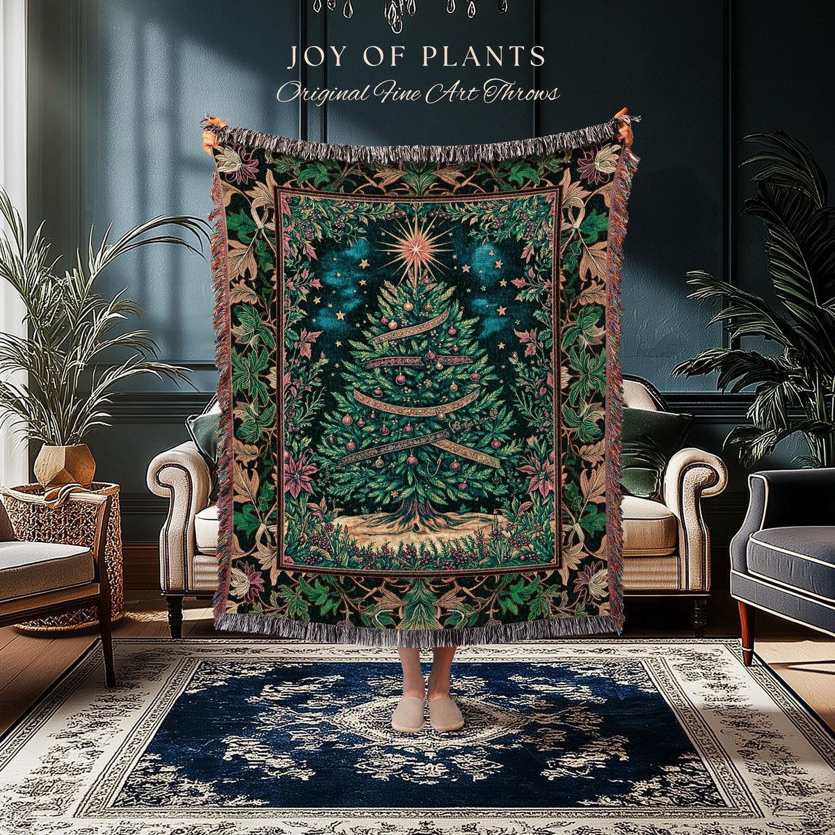 Twinkling Stars Holiday Tree Blanket | Christmas Tapestry Throw Woven Jacquard Gold Ornament Evergreen Decor Traditional Winter Home Look |