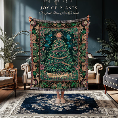 Twinkling Stars Holiday Tree Blanket | Christmas Tapestry Throw Woven Jacquard Gold Ornament Evergreen Decor Traditional Winter Home Look |