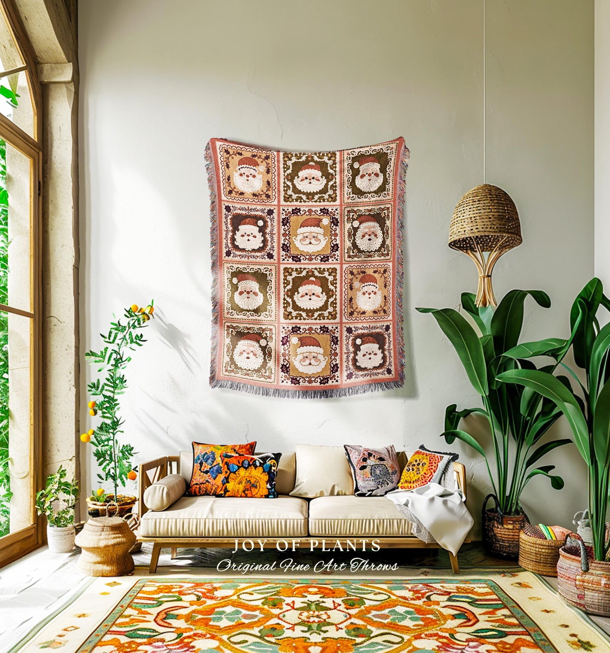 Cute Santa Claus Checkered Hygge Blanket Rustic Country Cottagecore Christmas Folk Art Holiday Tapestry Throw Cozy Earthy Nostalgic Decor