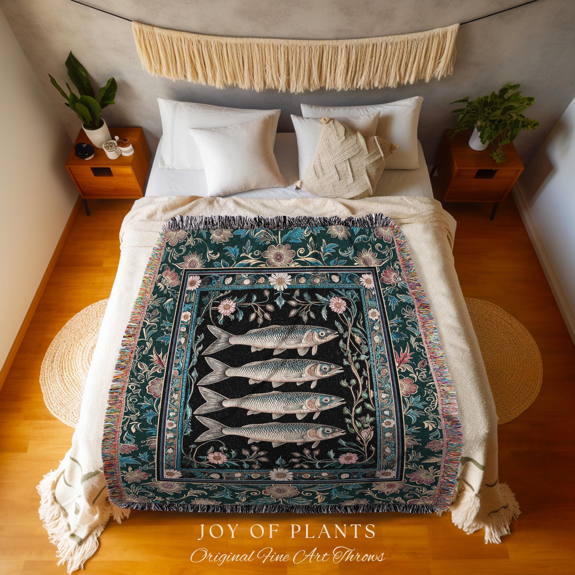 Eclectic Botanical Sardine Blanket Cozy | Nautical Lake House Throw Indie Coastal Aesthetic Woven Wall Tapestry Oceancore Vintage Sea Life