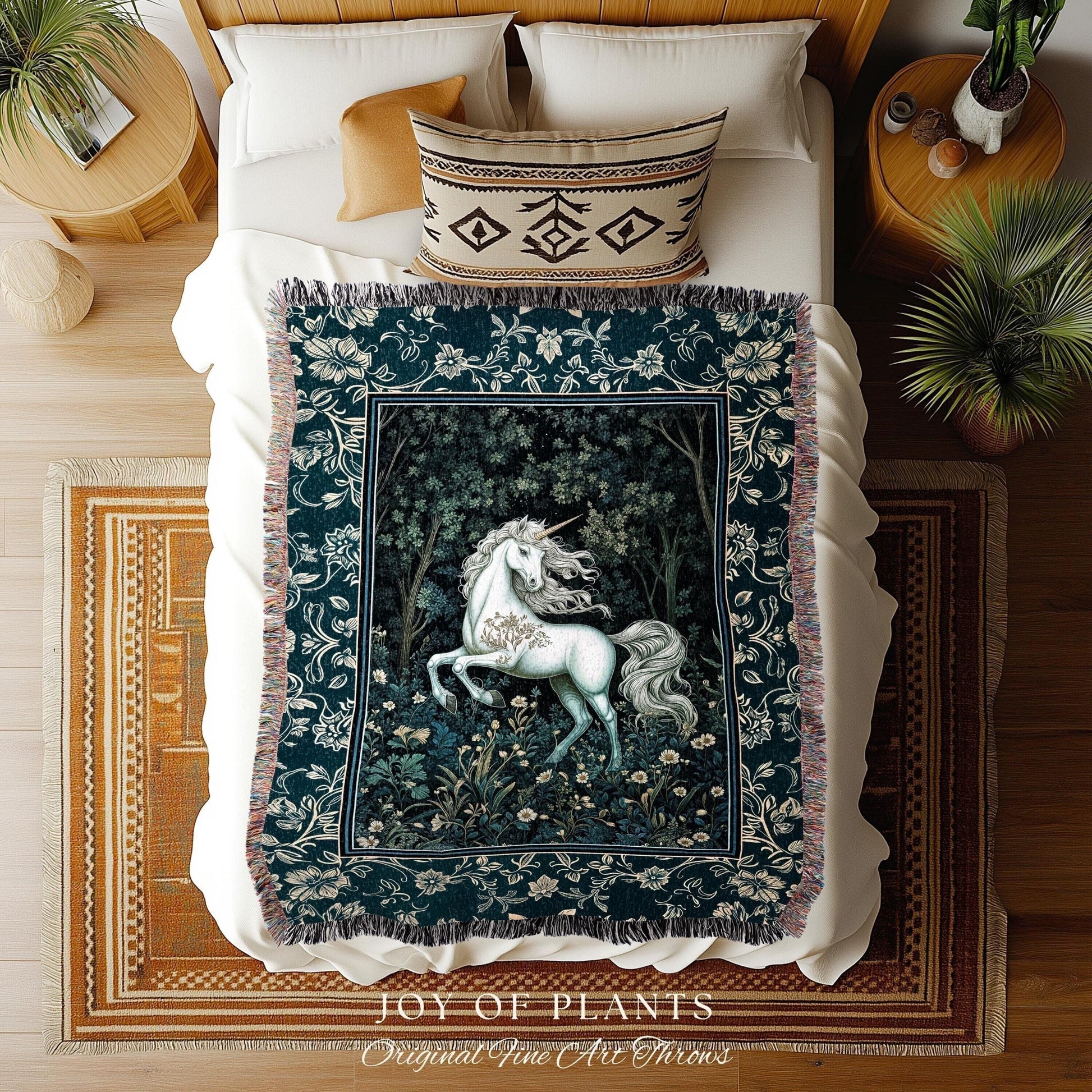 Enchanted Meadow Unicorn Coverlet | Victorian Fairycore Whimsical Ethereal Woven Throw Blanket Medieval Woodland Fairytale Rustic Tapestry |