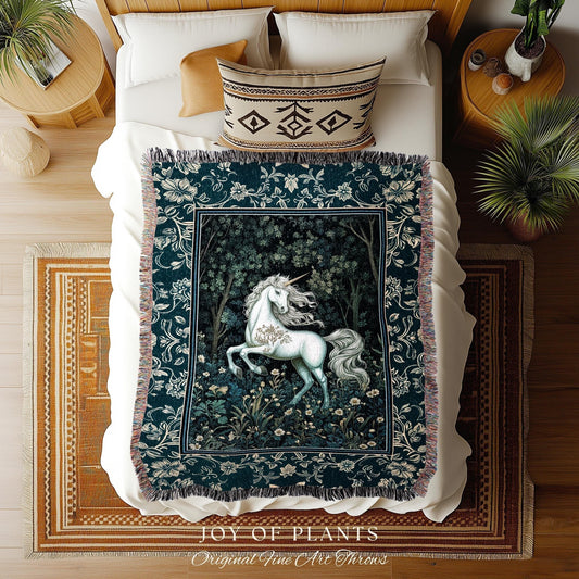 Enchanted Meadow Unicorn Coverlet | Victorian Fairycore Whimsical Ethereal Woven Throw Blanket Medieval Woodland Fairytale Rustic Tapestry |