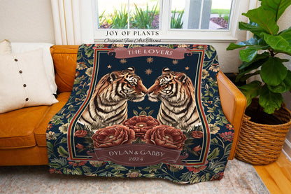 The Lovers Tiger Couple Tapestry Blanket | Personalized Gift for Girlfriend Cozy His & Her Names Celestial Woven Blanket Custom Anniversary