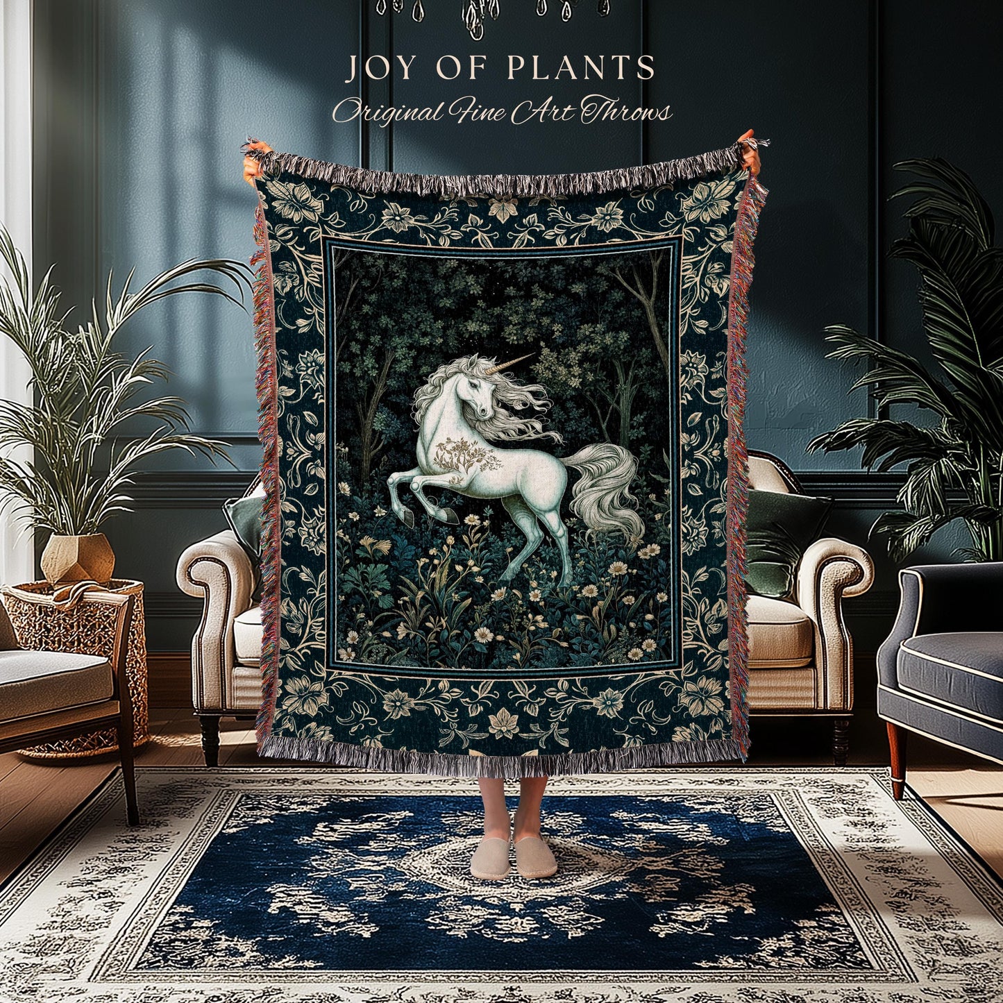 Enchanted Meadow Unicorn Coverlet | Victorian Fairycore Whimsical Ethereal Woven Throw Blanket Medieval Woodland Fairytale Rustic Tapestry |