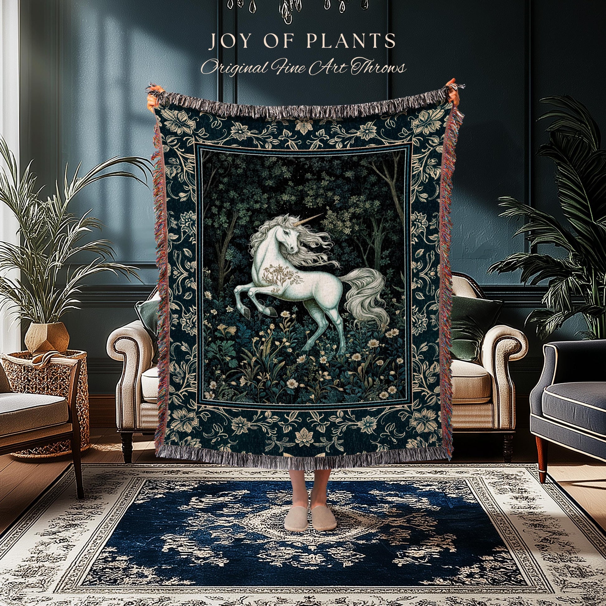 Enchanted Meadow Unicorn Coverlet | Victorian Fairycore Whimsical Ethereal Woven Throw Blanket Medieval Woodland Fairytale Rustic Tapestry |