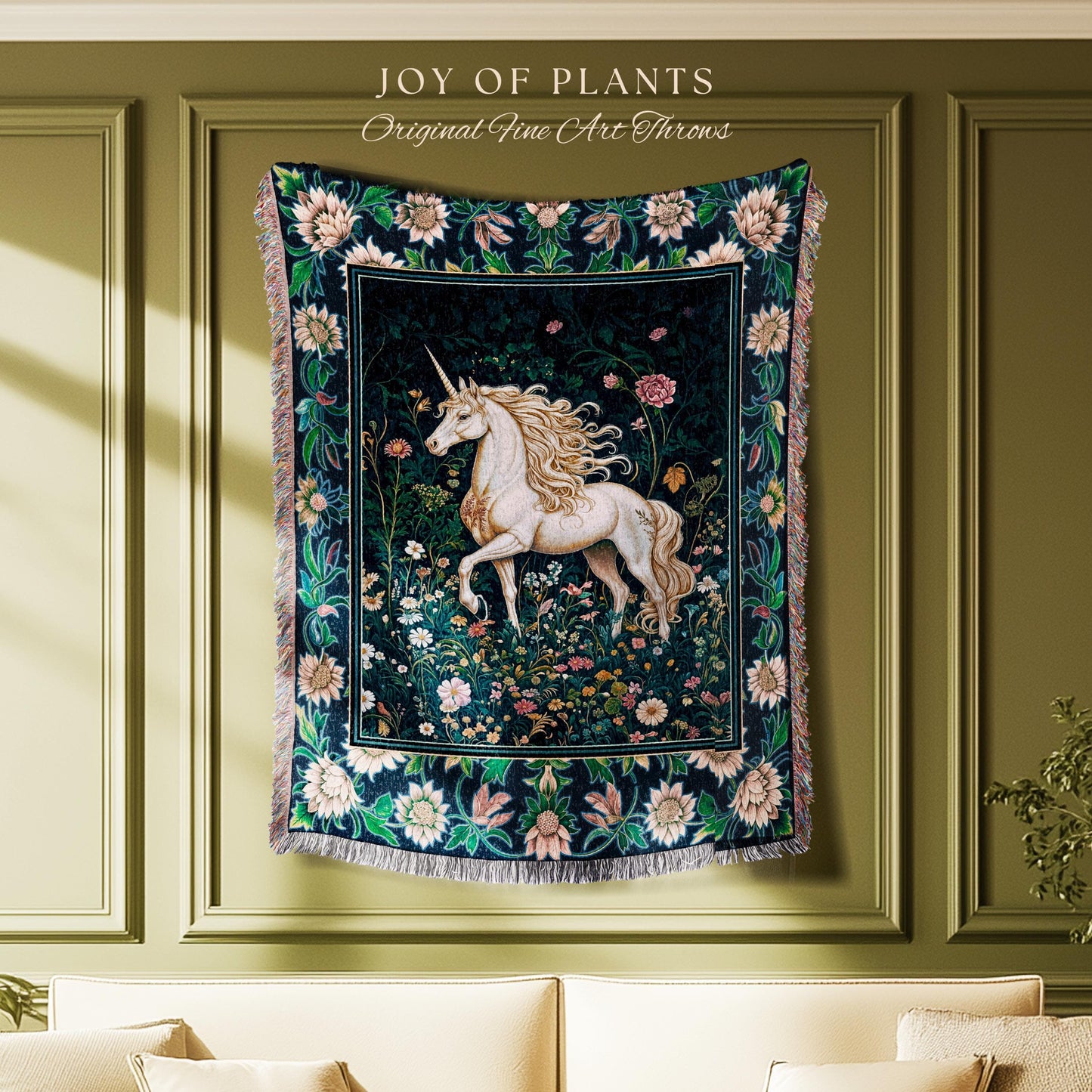 Storybook Elegance Magical Throw Blanket | Unicorn Coverlet Dark Fairytale Gothic Maximalist Colorful Whimsical Victorian Fairycore Tapestry