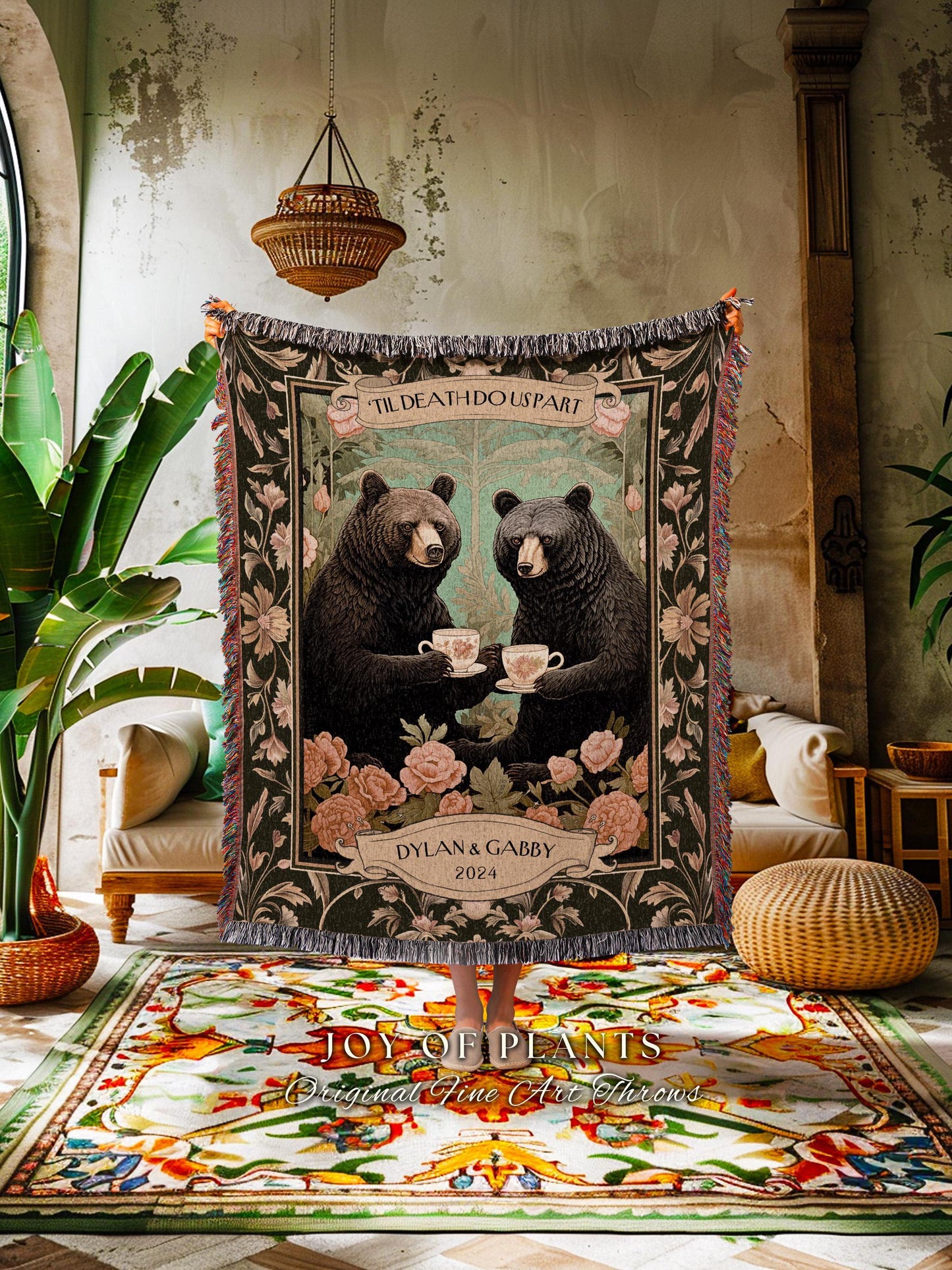 Dark Floral Couples Anniversary Blanket | Woodland Wedding Anniversary Personalized Bear Couple Woven Throw Cute Blanket Gift for Valentine