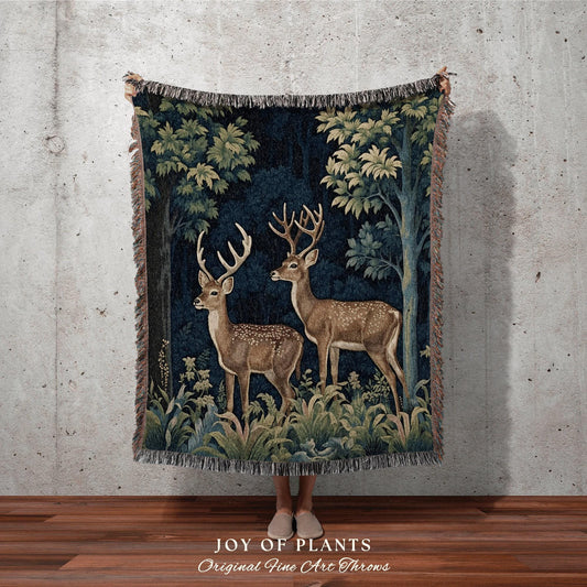 Deer Blanket Cottagecore Throw | William Morris inspired Throw Blanket Vintage Forestcore Woodland Aesthetic Decor Woven Throw Deer Tapestry