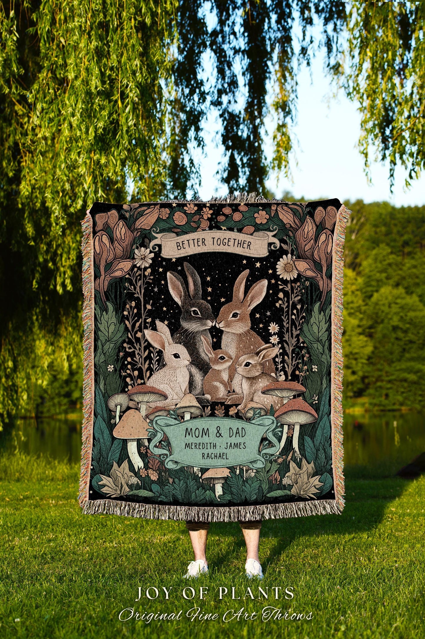 Rabbit Family Custom Kids Personalized Family Blanket | Woodland Cottagecore Throw Blanket Celestial Decor Meaningful Gift From Children |