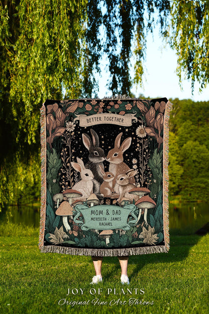 Rabbit Family Custom Kids Personalized Family Blanket | Woodland Cottagecore Throw Blanket Celestial Decor Meaningful Gift From Children |