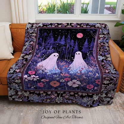 Violet Night Ethereal Ghost Throw Blanket | Moonlit Floral Halloween Throw Gothic Pastel Ghost Tapestry Whimsigoth Cottagecore Cozy Fall |