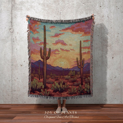 Southwestern Sunrise Tapestry | Whimsical Home Decor Housewarming Gift Blanket Cactus Aesthetic Blanket Woven Tapestry Southwest Landscape |