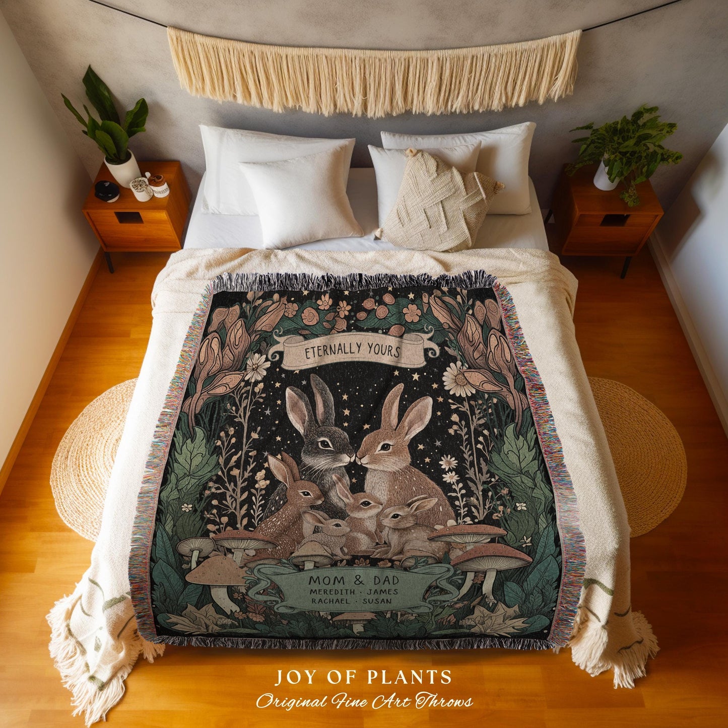 Boho Woodland Custom Rabbit Family Throw | Cottagecore Decor Personalized Names Gift Thoughtful Keepsake From Children Whimsical Tapestry