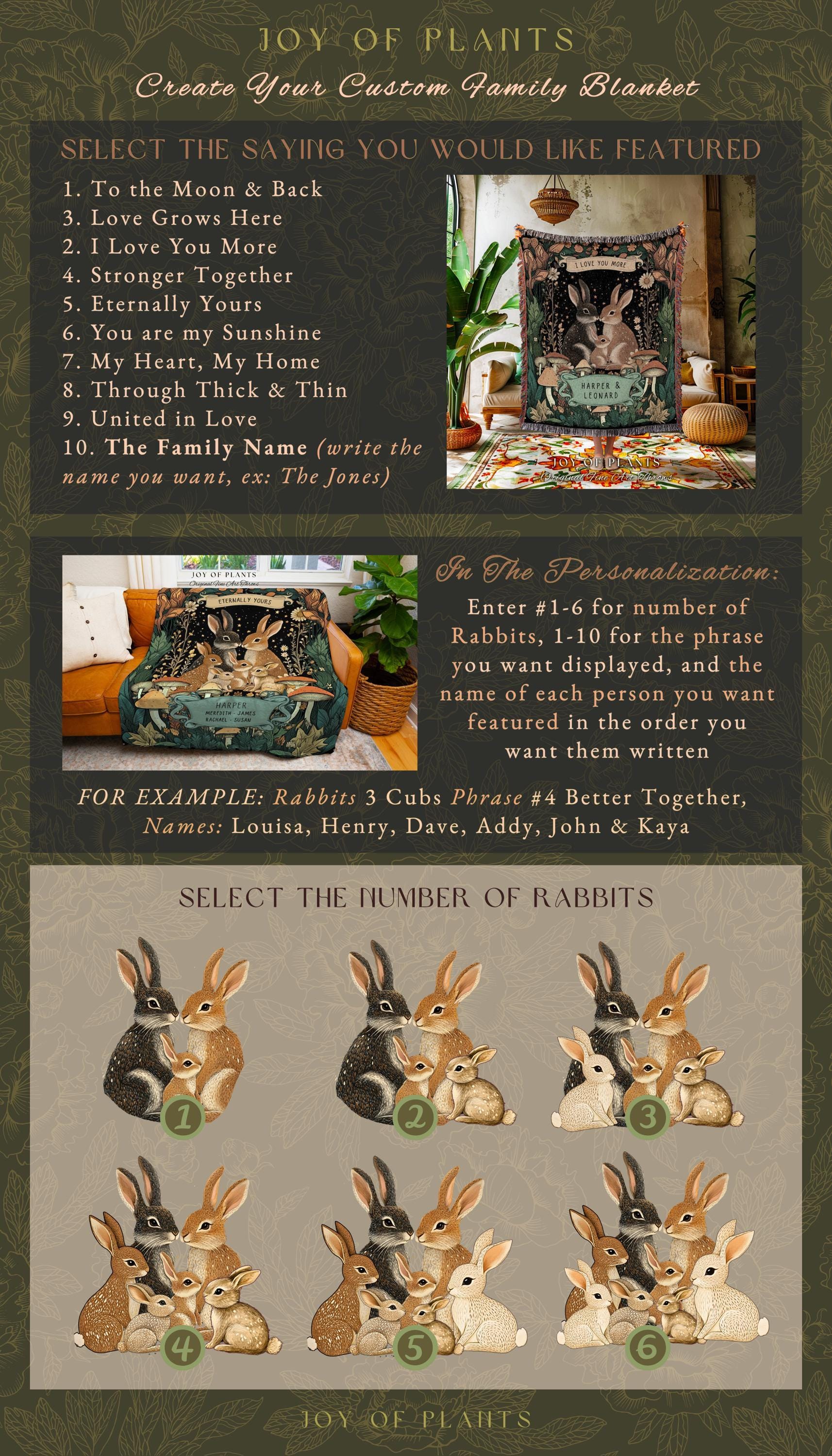 Boho Woodland Custom Rabbit Family Throw | Cottagecore Decor Personalized Names Gift Thoughtful Keepsake From Children Whimsical Tapestry