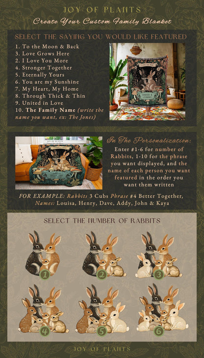 Boho Woodland Custom Rabbit Family Throw | Cottagecore Decor Personalized Names Gift Thoughtful Keepsake From Children Whimsical Tapestry