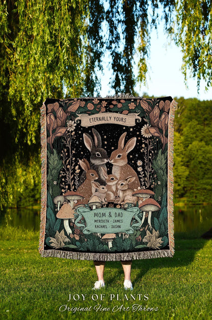 Boho Woodland Custom Rabbit Family Throw | Cottagecore Decor Personalized Names Gift Thoughtful Keepsake From Children Whimsical Tapestry