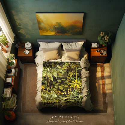 Moody Botanical Jungle Leaves Coverlet | Eclectic Green Maximalist Woven Blanket Whimsigoth Vintage Botanical Nature Living Room Forest |