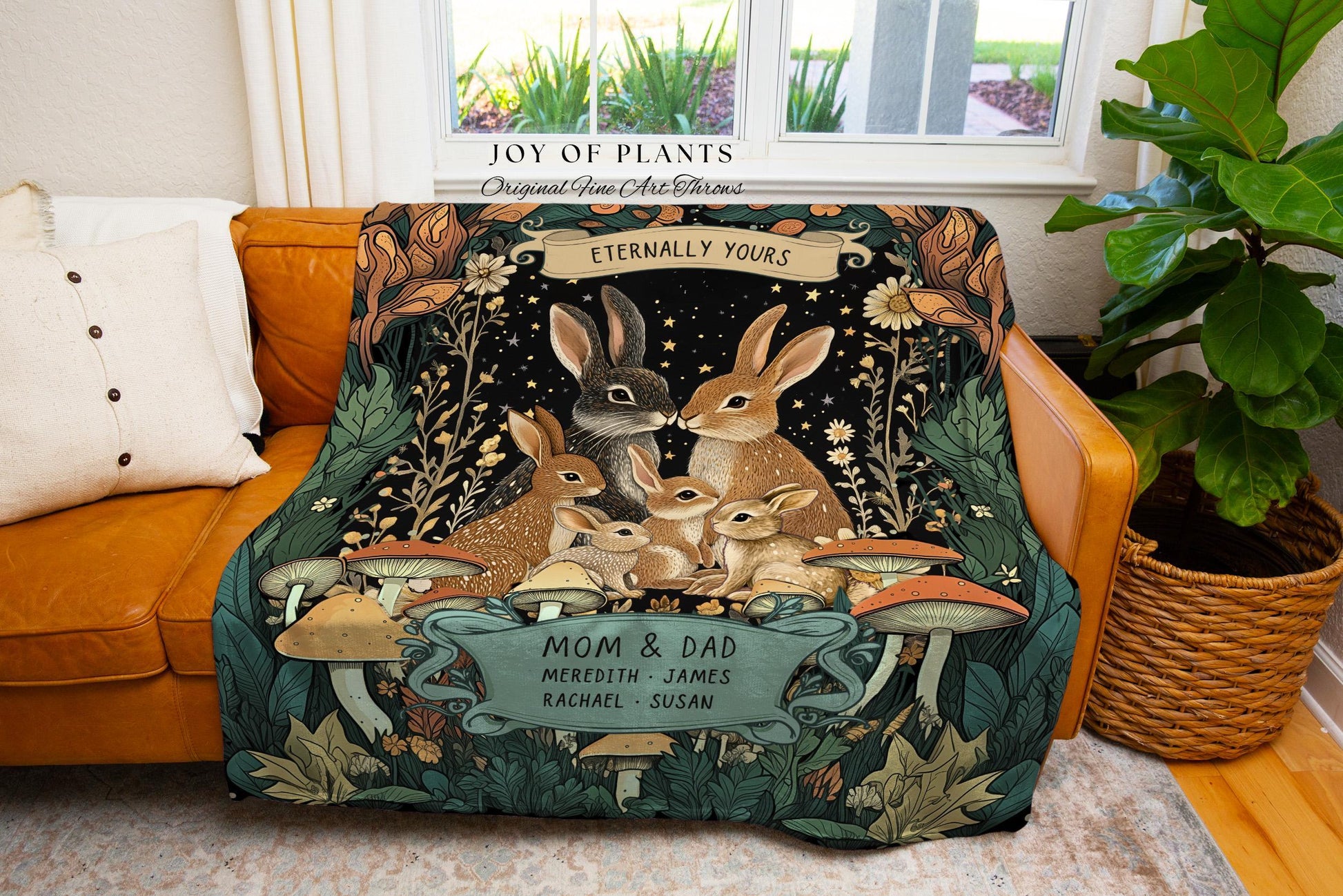 Boho Woodland Custom Rabbit Family Throw | Cottagecore Decor Personalized Names Gift Thoughtful Keepsake From Children Whimsical Tapestry