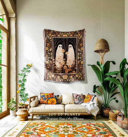 Vintage Aesthetic Ghost Couple Woven Throw Blanket Floral Fall Halloween Decor Ghost Art Tapestry Whimsigothic Decor Gift for Spooky Season