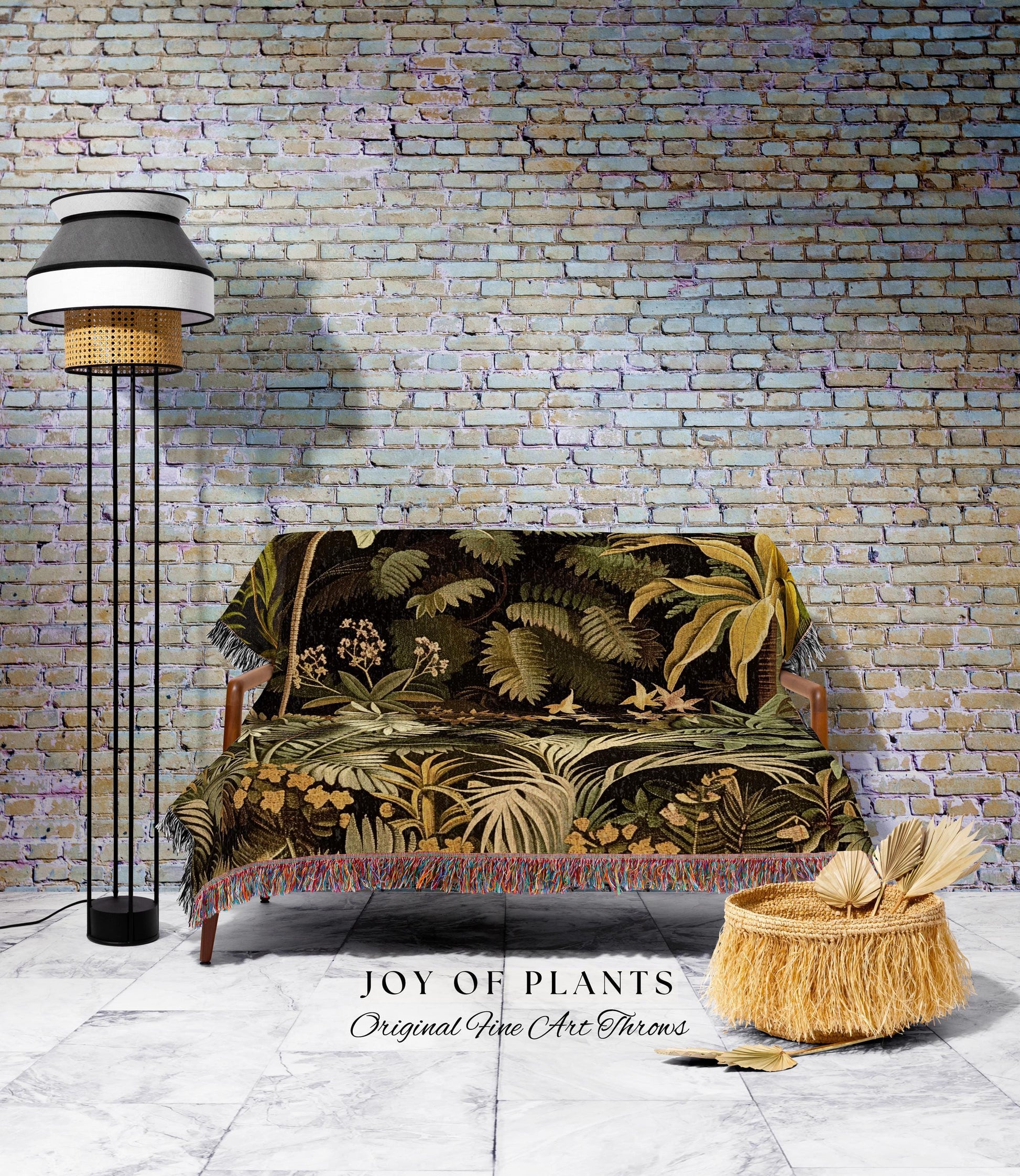 Moody Botanical Jungle Leaves Coverlet | Eclectic Green Maximalist Woven Blanket Whimsigoth Vintage Botanical Nature Living Room Forest |