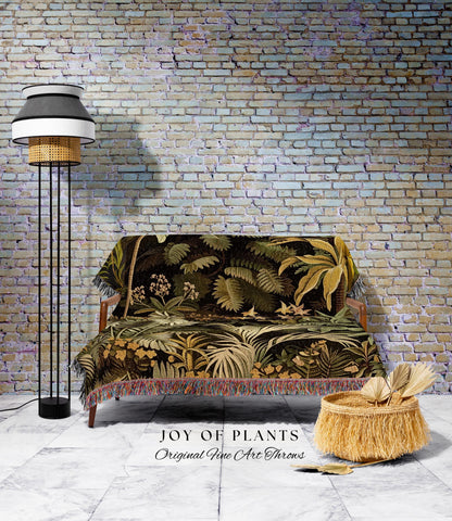 Moody Botanical Jungle Leaves Coverlet | Eclectic Green Maximalist Woven Blanket Whimsigoth Vintage Botanical Nature Living Room Forest |