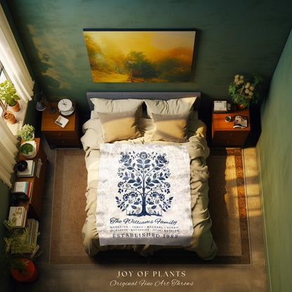 Vintage Folk Art Family Tree Blanket with Names Heritage Cottagecore Decor, Personalized Heirloom Tapestry Woven Throw Custom Nostalgic Gift